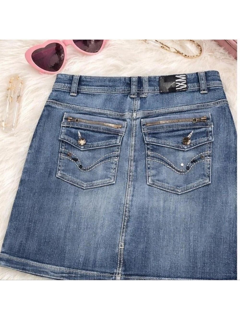 Y2K Denim Mini Skirt Size 14 Embellished Back Pockets Zipper Detail
